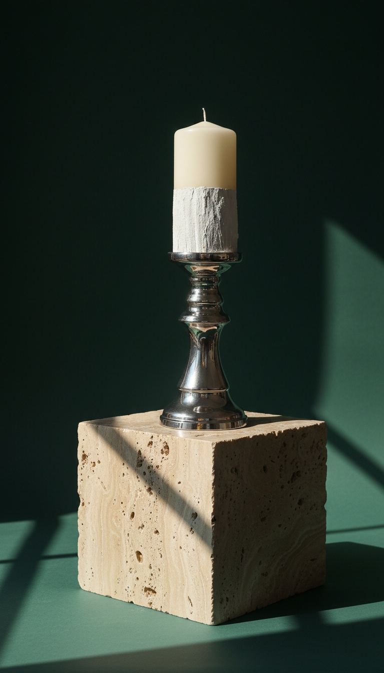 Echo, a pale sculptural candle elevated on a silver stand in directional studio light