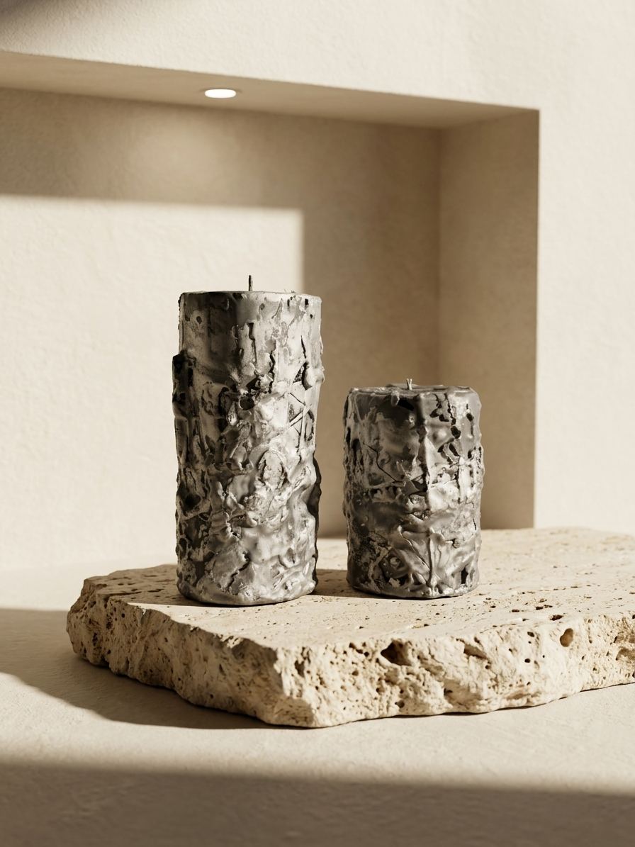 Two silver-veiled wax pillars rising from pale travertine, caught in raking studio light