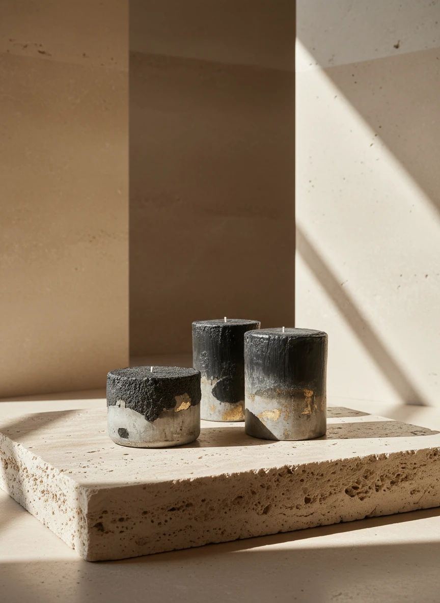 Three dark wax forms edged in gold, clustered like fragments of the same excavation