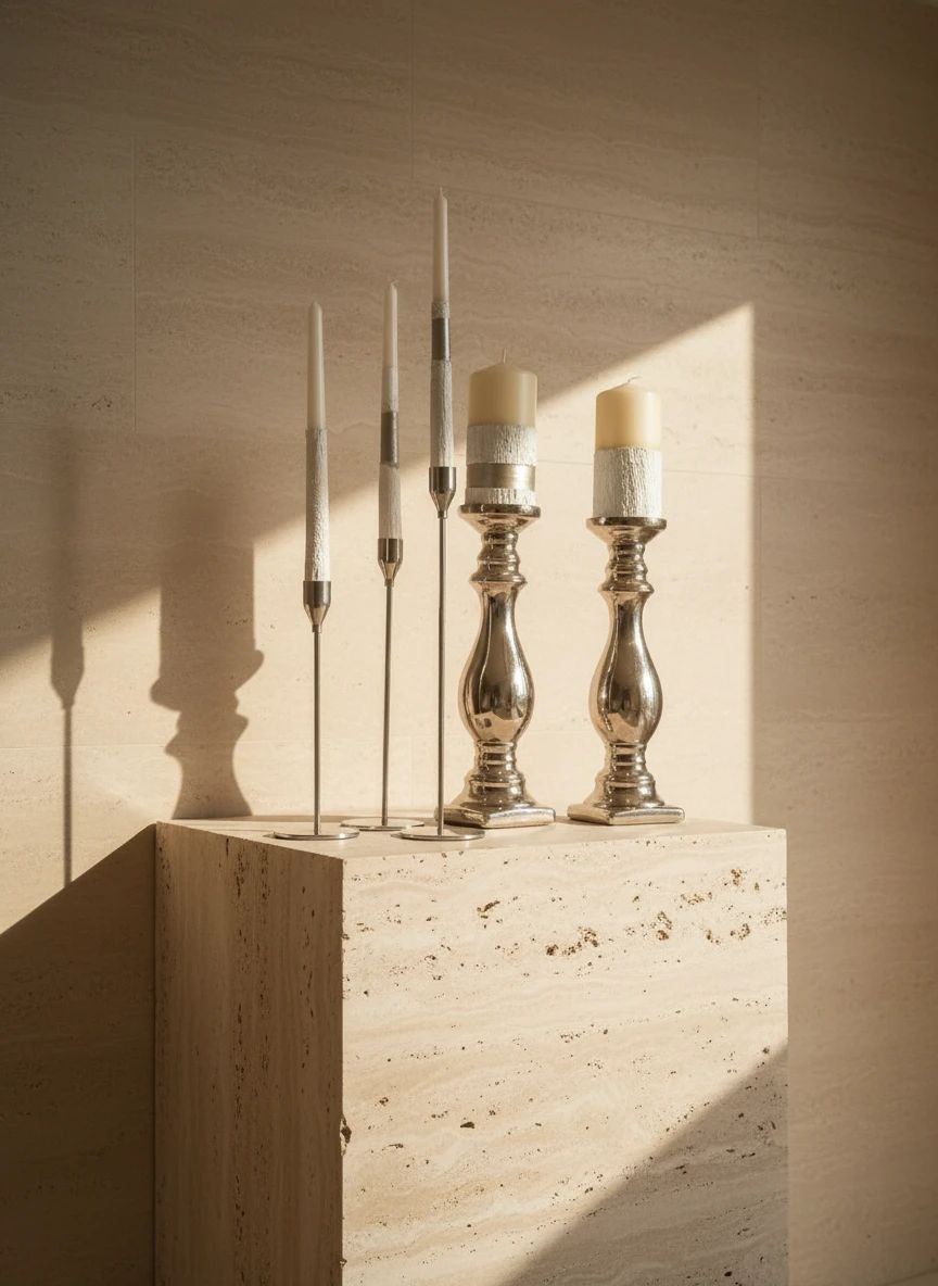 Five pale forms in quiet procession, some elevated on mercury-glass stands, catching the afternoon light